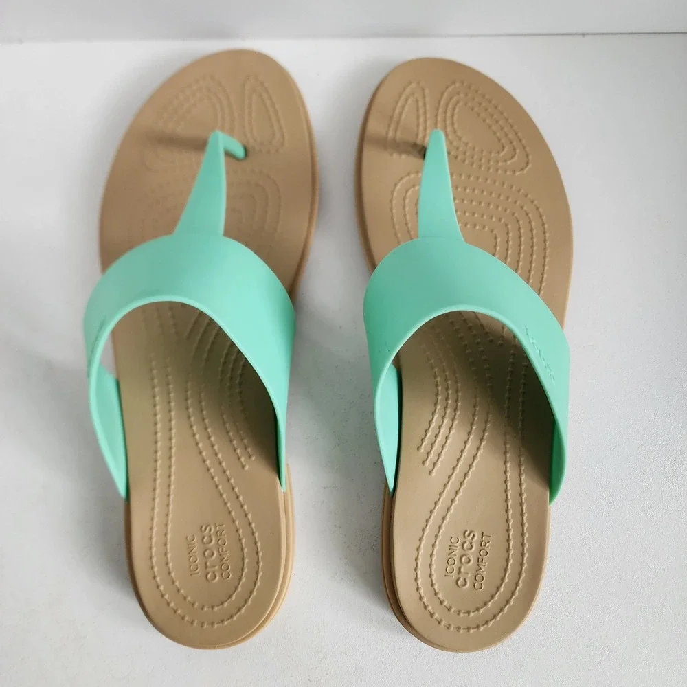 Crocs Serena Flip Sandals Womens 10 Mint Green Tan Thong Flat Comfort 205468